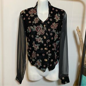 Vintage Jessica Scott Sheer Mesh Velvet Button Top Floral Flowers Black Jacket